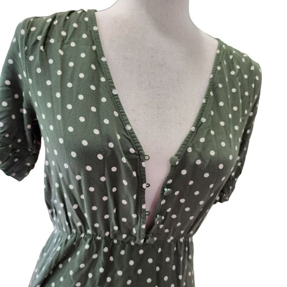 Zara Olive Green And Cream Polka Dot Short Puff Sleeve Midi Dress Size XS - Picture 13 of 15